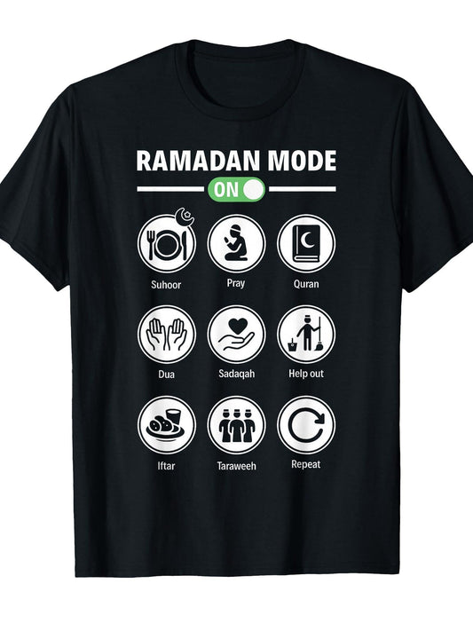 Ramadan Mode On Islamic Fasting Mode On Arabic T-Shirt Ramadan 180gsm Cotton Round Neck Short Sleeve Men Casual T-Shirt