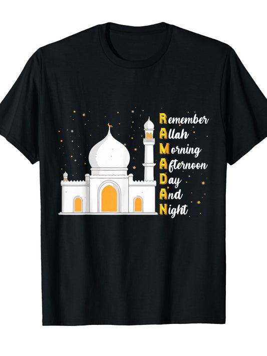 Remember Allah Morning Afternoon Day and Night Islam Ramadan T-Shirt Ramadan 180gsm Cotton Round Neck Short Sleeve Men Casual T-Shirt