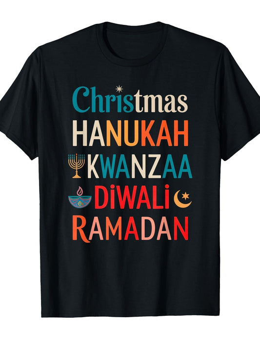 Merry Kwanzaa Christmas Hanukkah Holidays Diwali Ramadan T-Shirt Ramadan 180gsm Cotton Round Neck Short Sleeve Men Casual T-Shirt
