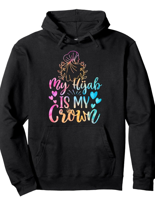 My Hijab is my Crown - Motivational Muslim Women Girls Quote Pullover Hoodie Ramadan Black 250gsm Cotton Long Sleeve Men Casual Hoodie
