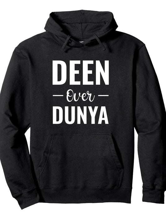 Islam Muslim Gifts - Deen Over Dunya Pullover Hoodie Ramadan Black 250gsm Cotton Long Sleeve Men Casual Hoodie