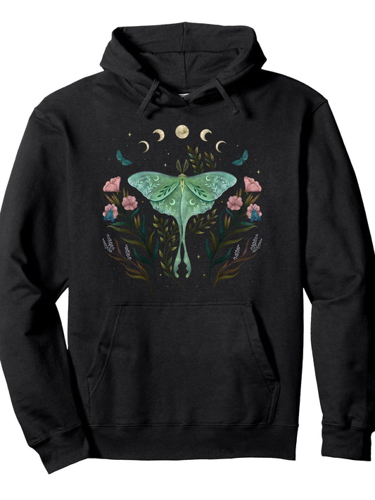 Moon Phases Luna Moth Insect Lover Cottagecore Aesthetic Pullover Hoodie Ramadan Black 250gsm Cotton Long Sleeve Men Casual Hoodie