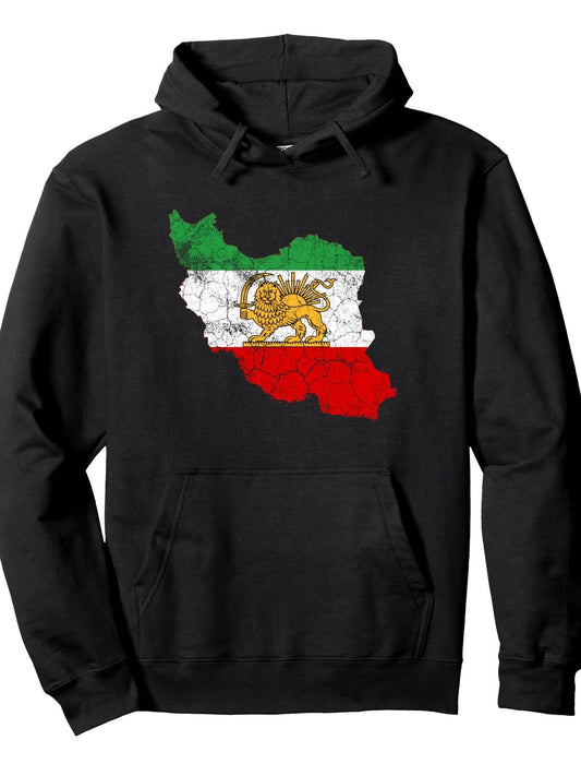 Iran Map with Lion and Sun Emblem, Vintage Persian Heritage Pullover Hoodie Ramadan Black 250gsm Cotton Long Sleeve Men Casual Hoodie