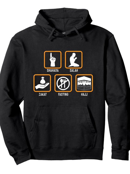 Shahada Salah Zakat Fasting Hajj Islam Religion Muslim Gift Pullover Hoodie Ramadan Black 250gsm Cotton Long Sleeve Men Casual Hoodie