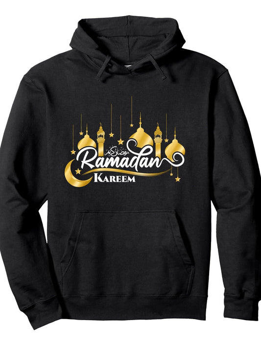 Ramadan Mubarak Islamic Muslim Eid |Ramadan Fasting crescent Pullover Hoodie Ramadan Black 250gsm Cotton Long Sleeve Men Casual Hoodie