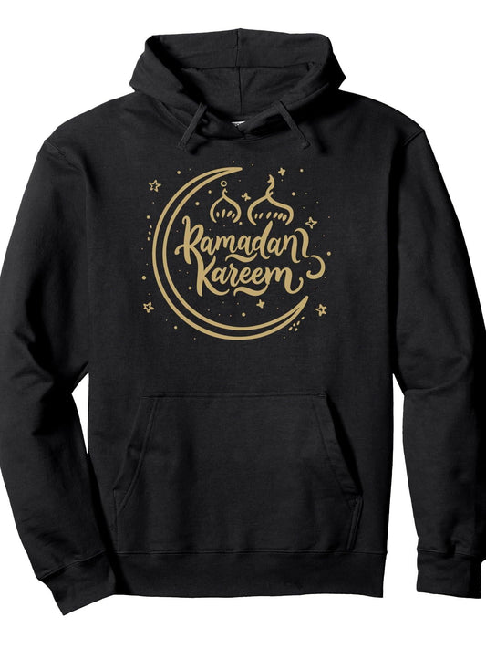 Ramadan Mubarak Crescent Moon & Stars Ramadan Kareem Pullover Hoodie Ramadan Black 250gsm Cotton Long Sleeve Men Casual Hoodie