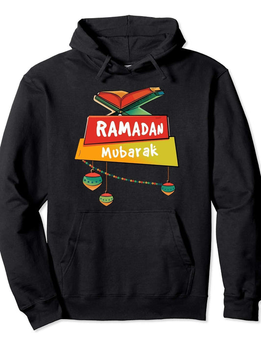 Happy Ramadan Mubarak Calligraphy With Fanous Lights Pullover Hoodie Ramadan Black 250gsm Cotton Long Sleeve Men Casual Hoodie