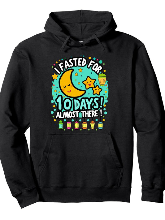 Ramadan Mubarek Kids Fasted for 10 Days Funny Ramadan Kids Pullover Hoodie Ramadan Black 250gsm Cotton Long Sleeve Men Casual Hoodie