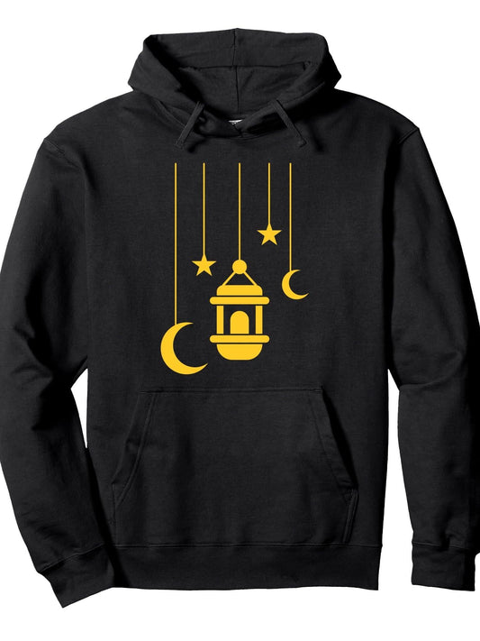 Ramadan Lantern with Moon & Stars Muslim Islam Quran Mosque Pullover Hoodie Ramadan Black 250gsm Cotton Long Sleeve Men Casual Hoodie