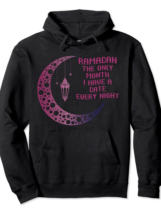Ramadan the only Month I have a Date every Night Pullover Hoodie Ramadan Black 250gsm Cotton Long Sleeve Men Casual Hoodie