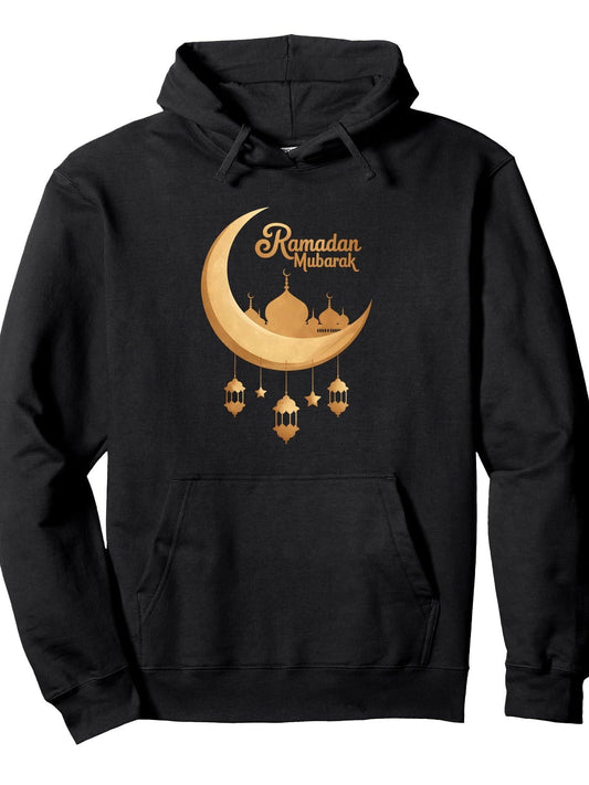 Ramadan Mubarak Kareem Eid Muslim Fasting Islamic Pullover Hoodie Ramadan Black 250gsm Cotton Long Sleeve Men Casual Hoodie