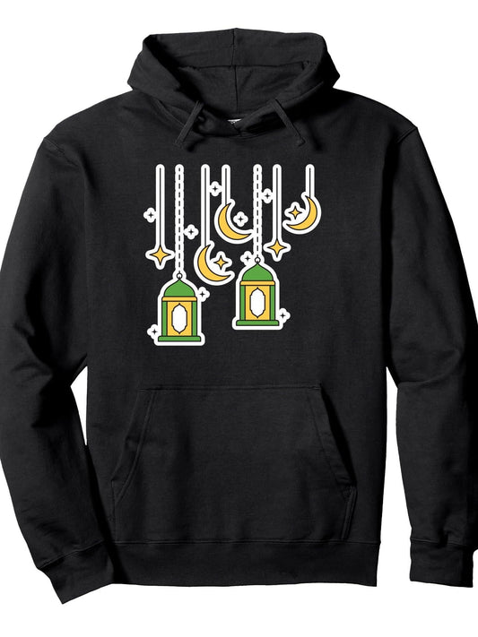 Ramadan Lantern Decoration Ramadan Mubarak Kareem Tee Muslim Pullover Hoodie Ramadan Black 250gsm Cotton Long Sleeve Men Casual Hoodie