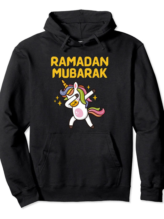 Dabbing Unicorn Ramadan Kareem Mubarak For Muslim Kids Pullover Hoodie Ramadan Black 250gsm Cotton Long Sleeve Men Casual Hoodie