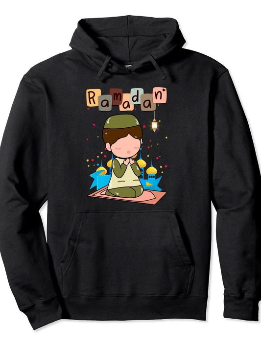 Ramadan Kids Funny Ramadan Kareem Mubarak Salat Mosque Pullover Hoodie Ramadan Black 250gsm Cotton Long Sleeve Men Casual Hoodie