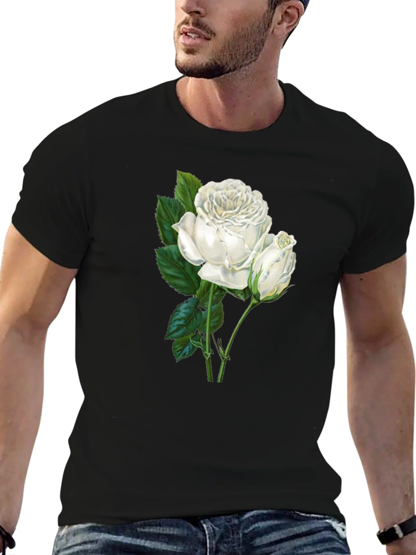 Elegant White Rose Graphic T-Shirt
