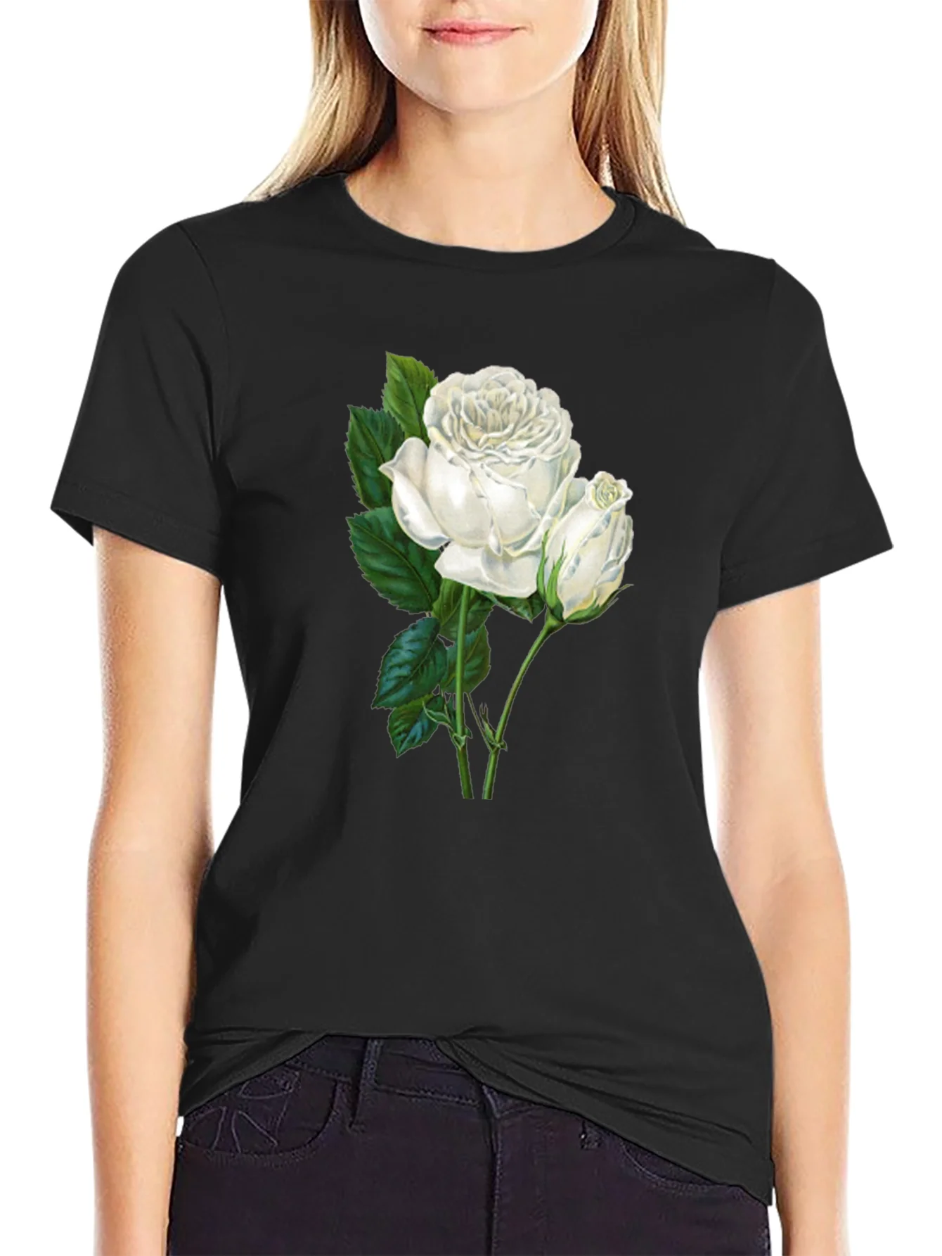 Elegant White Rose Graphic T-Shirt