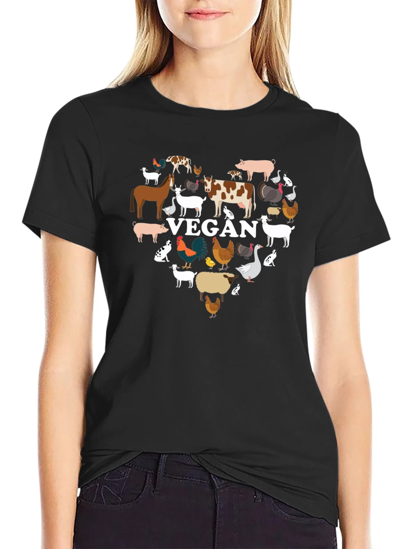 Vegan Animal Heart T-Shirt -  Black Crew Neck