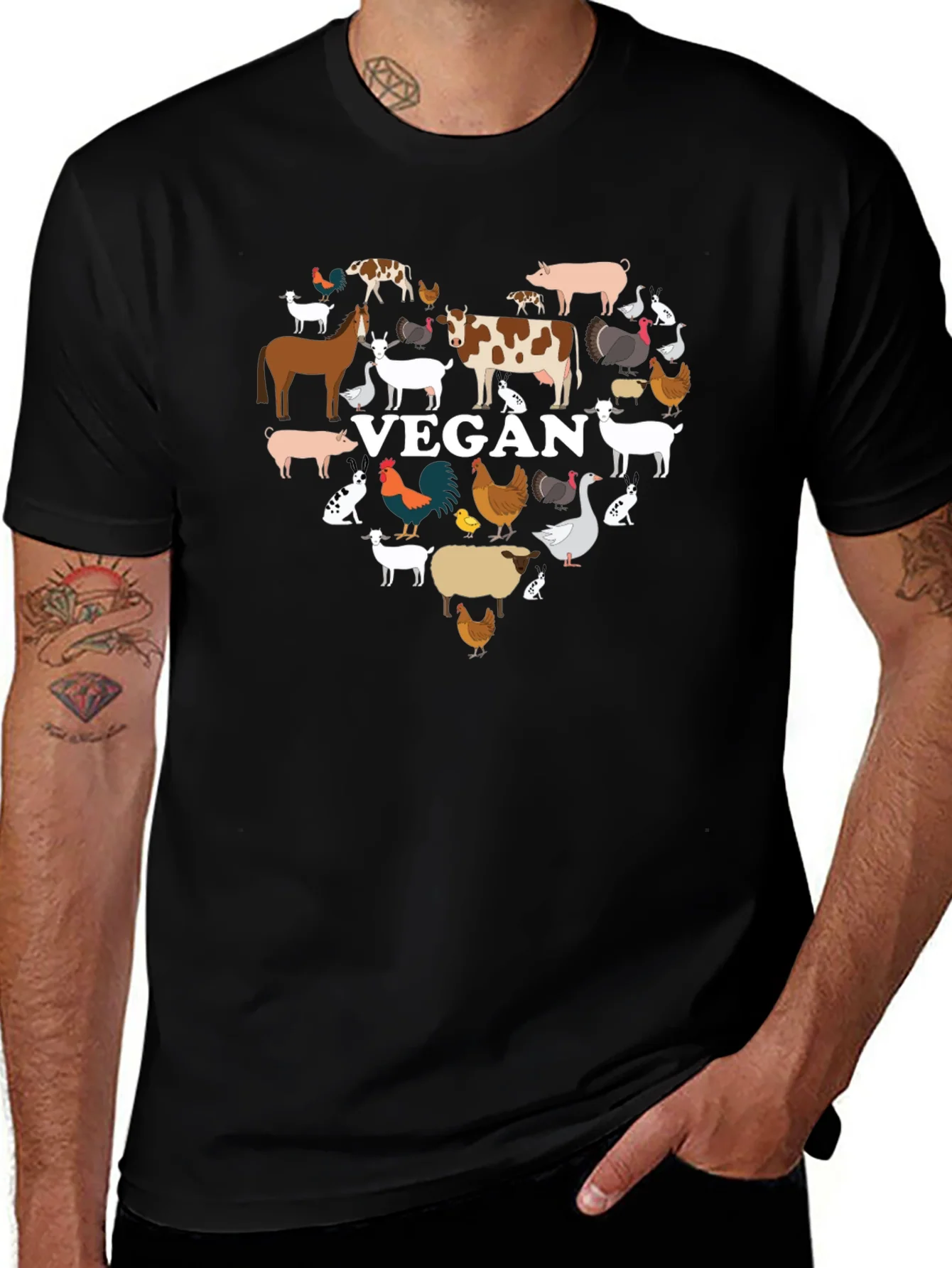 Vegan Animal Heart T-Shirt -  Black Crew Neck