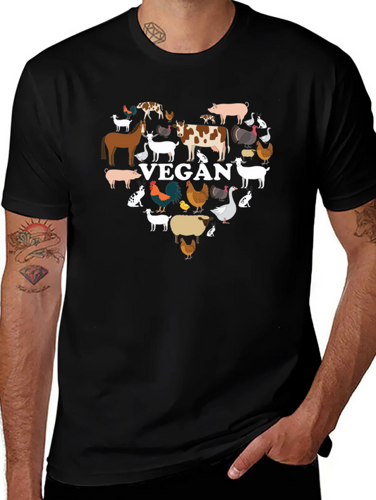 Vegan Animal Heart T-Shirt -  Black Crew Neck