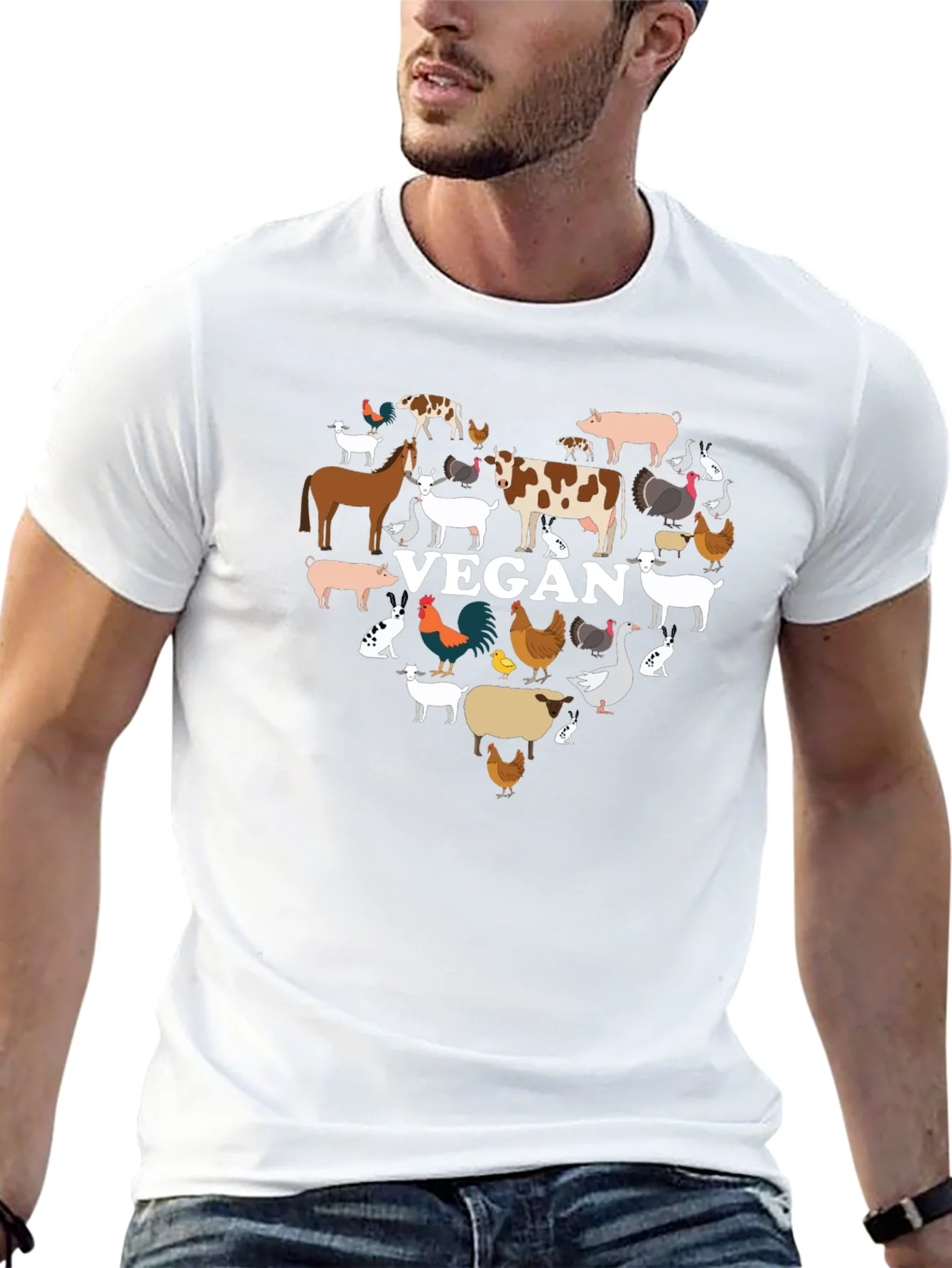 Vegan Animal Heart T-Shirt -  Black Crew Neck