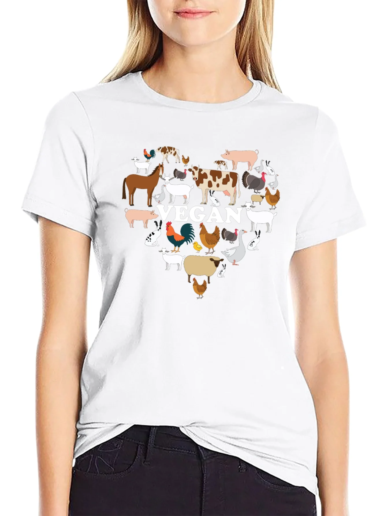 Vegan Animal Heart T-Shirt -  Black Crew Neck