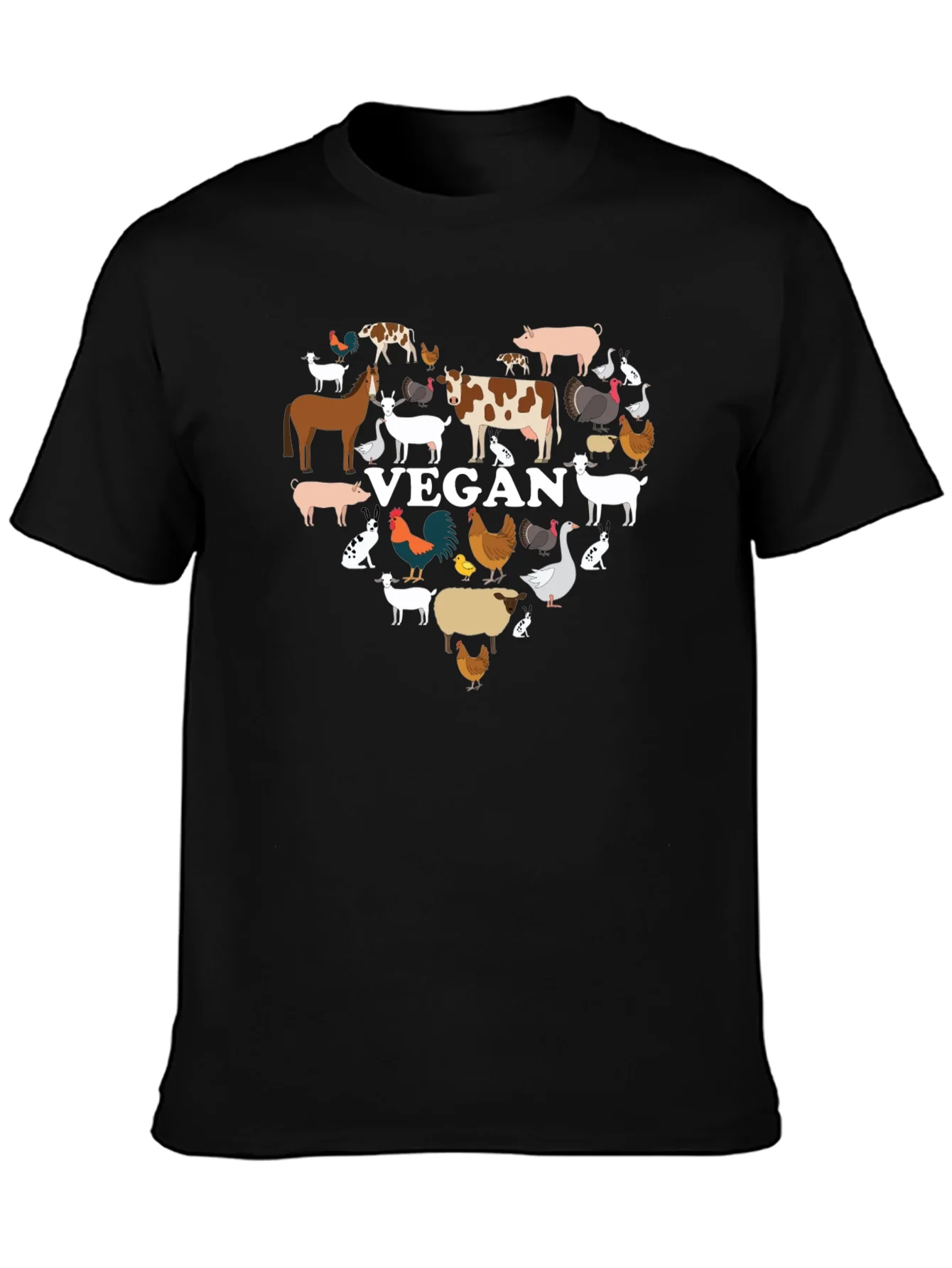 Vegan Animal Heart T-Shirt -  Black Crew Neck