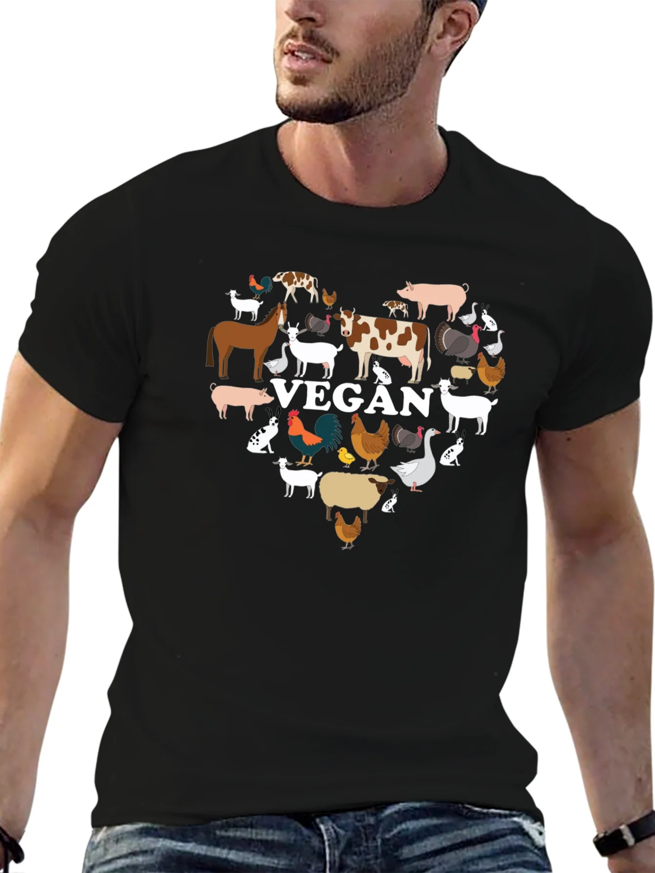 Vegan Animal Heart T-Shirt -  Black Crew Neck