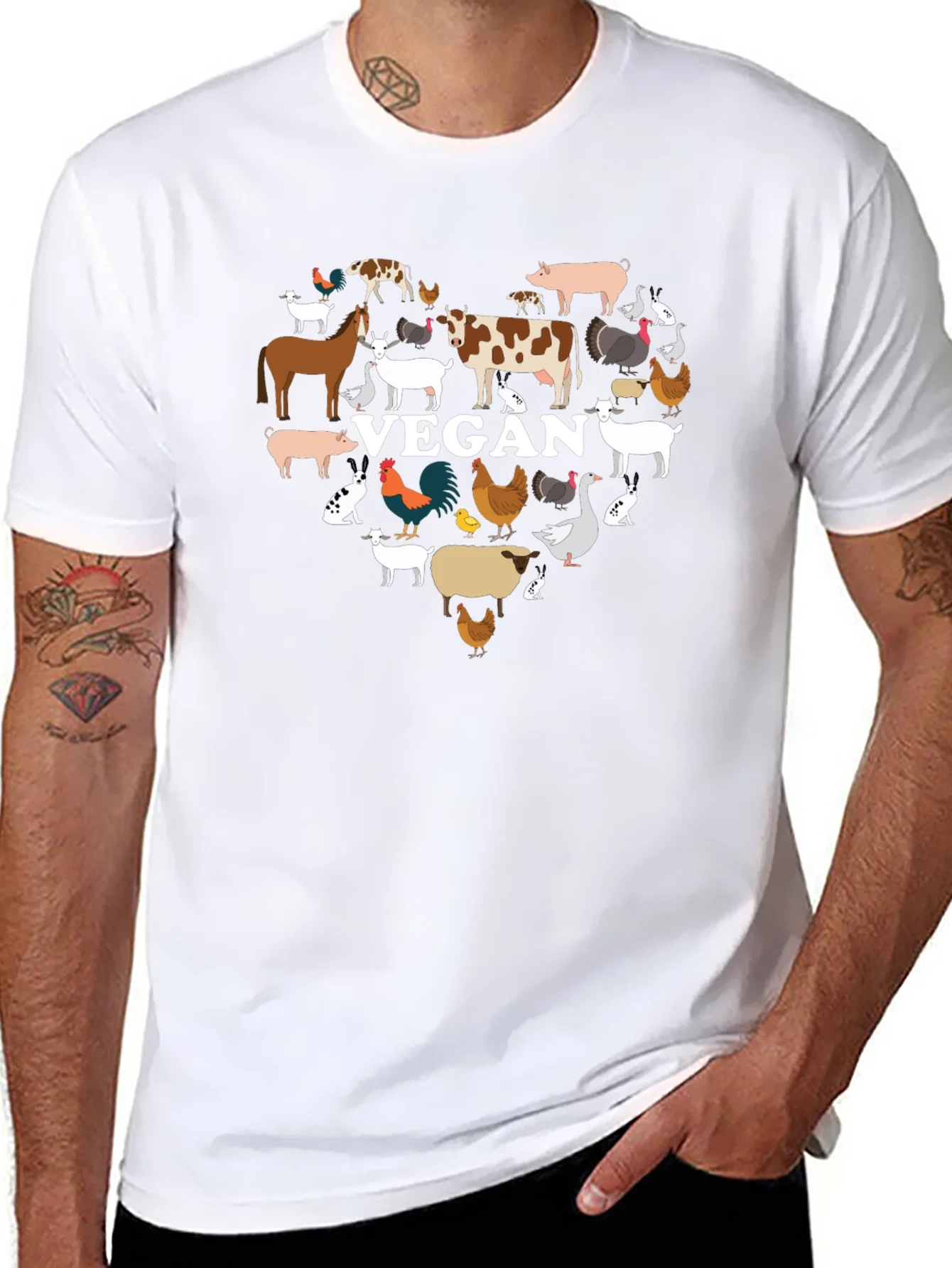 Vegan Animal Heart T-Shirt -  Black Crew Neck