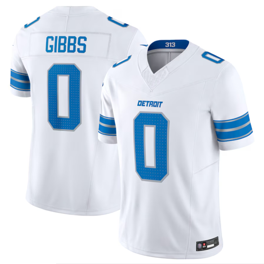 D.Lions #0 Jahmyr Gibbs Player White Vapor F.U.S.E. Limited Game Football Jerseys