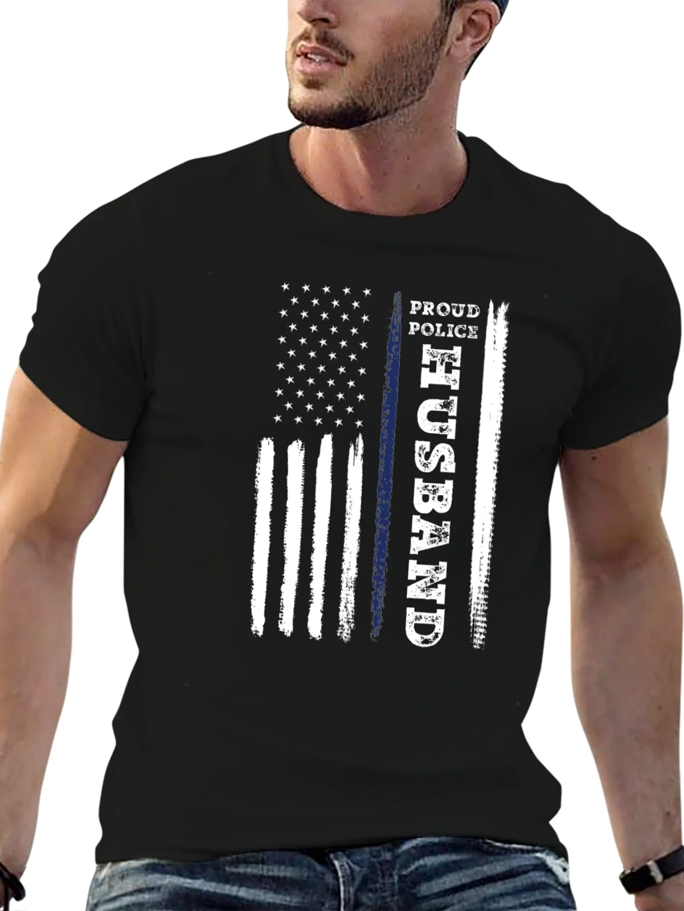 Proud Police Husband American Flag Graphic T-Shirt