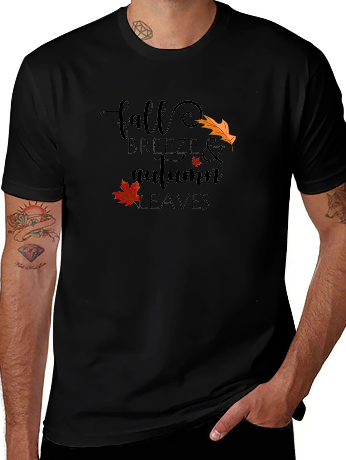 Fall Breeze & Autumn Leaves Black Graphic T-Shirt
