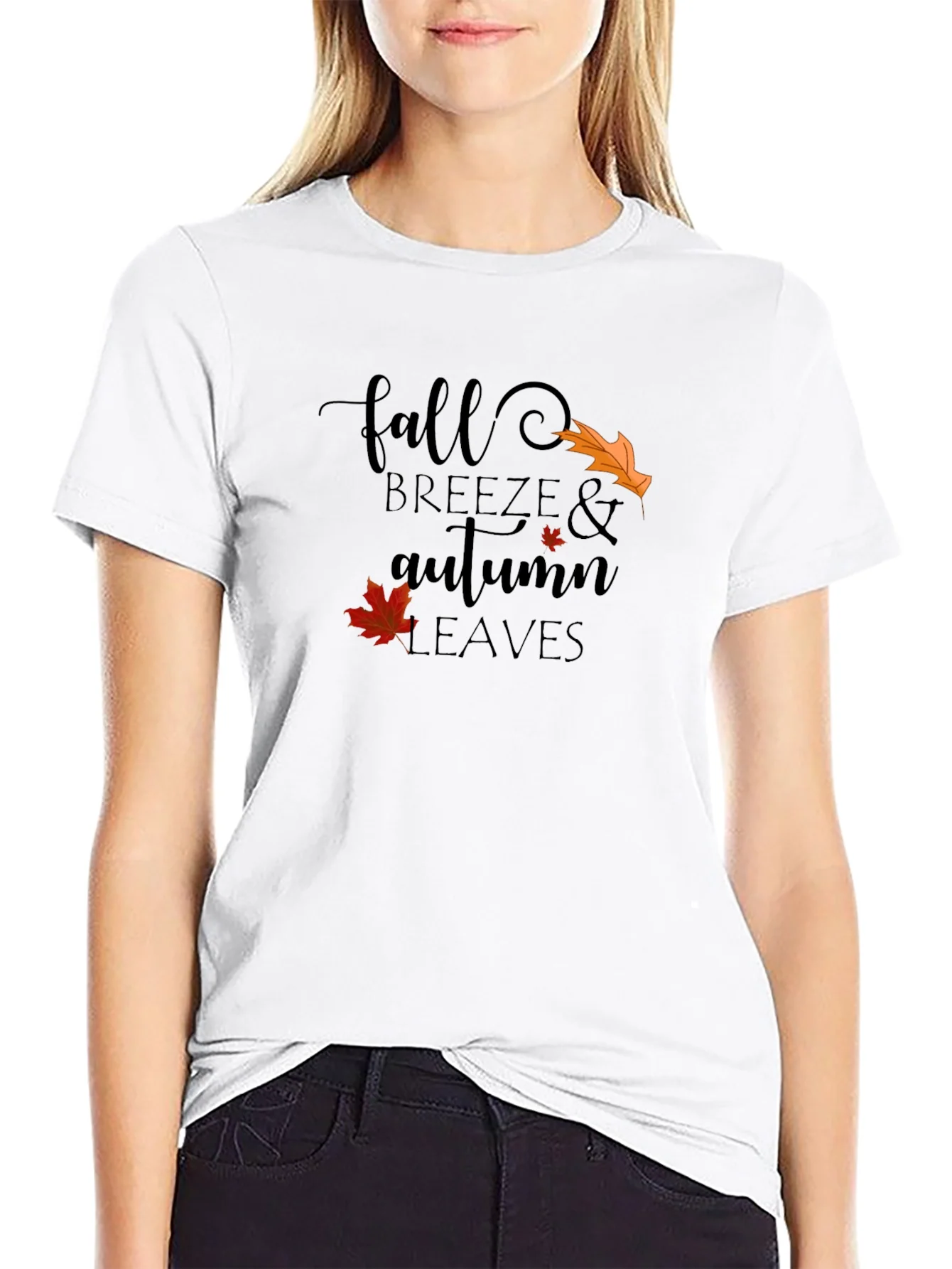Fall Breeze & Autumn Leaves Black Graphic T-Shirt