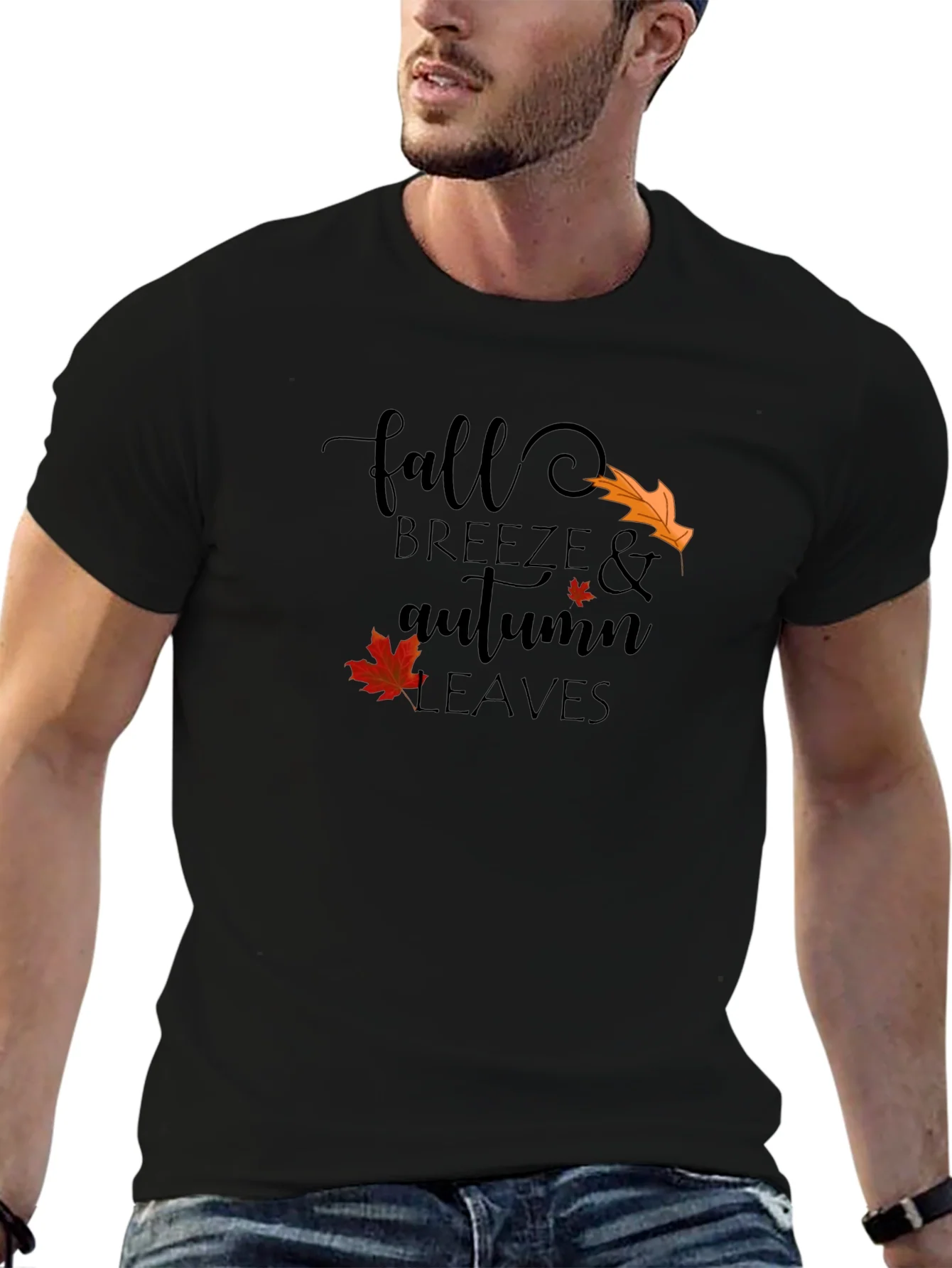Fall Breeze & Autumn Leaves Black Graphic T-Shirt