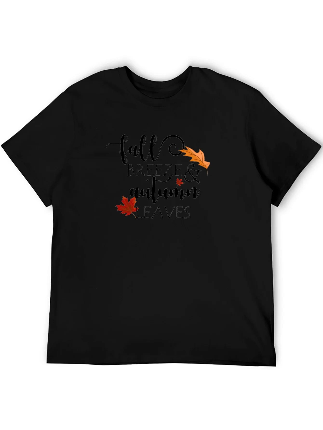 Fall Breeze & Autumn Leaves Black Graphic T-Shirt