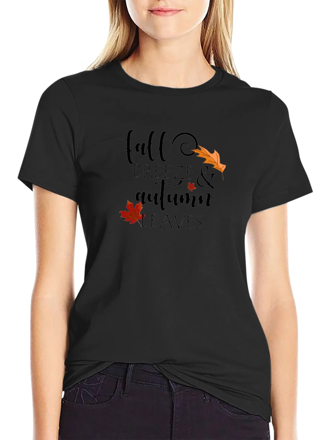 Fall Breeze & Autumn Leaves Black Graphic T-Shirt
