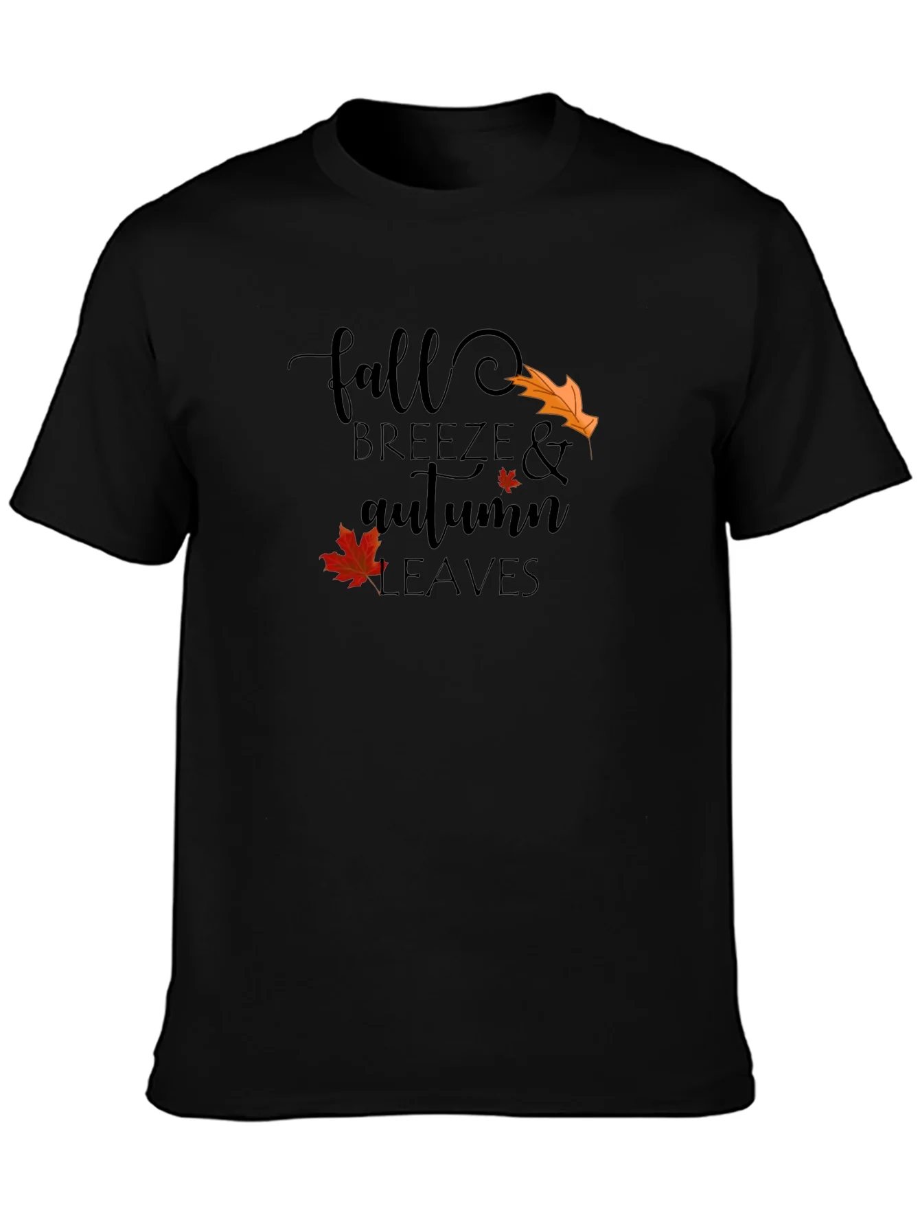 Fall Breeze & Autumn Leaves Black Graphic T-Shirt