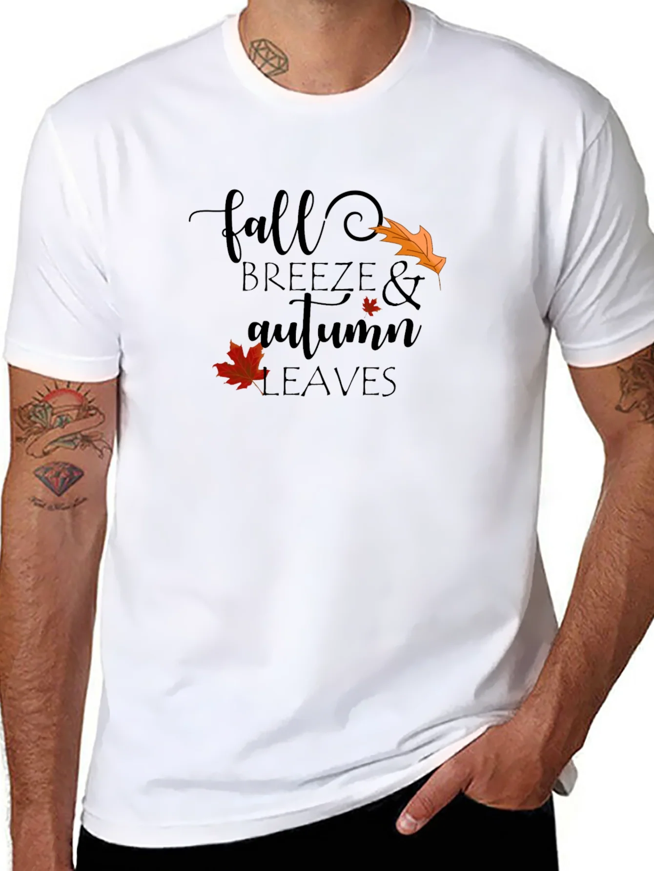 Fall Breeze & Autumn Leaves Black Graphic T-Shirt