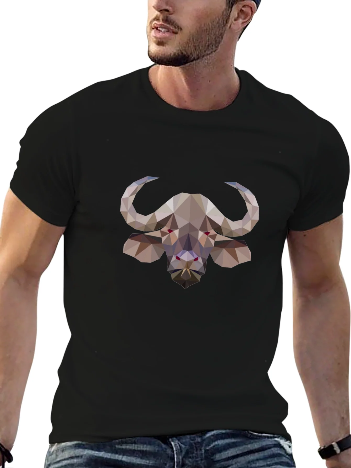 Geometric Buffalo Graphic Tee - Stylish Black T-Shirt